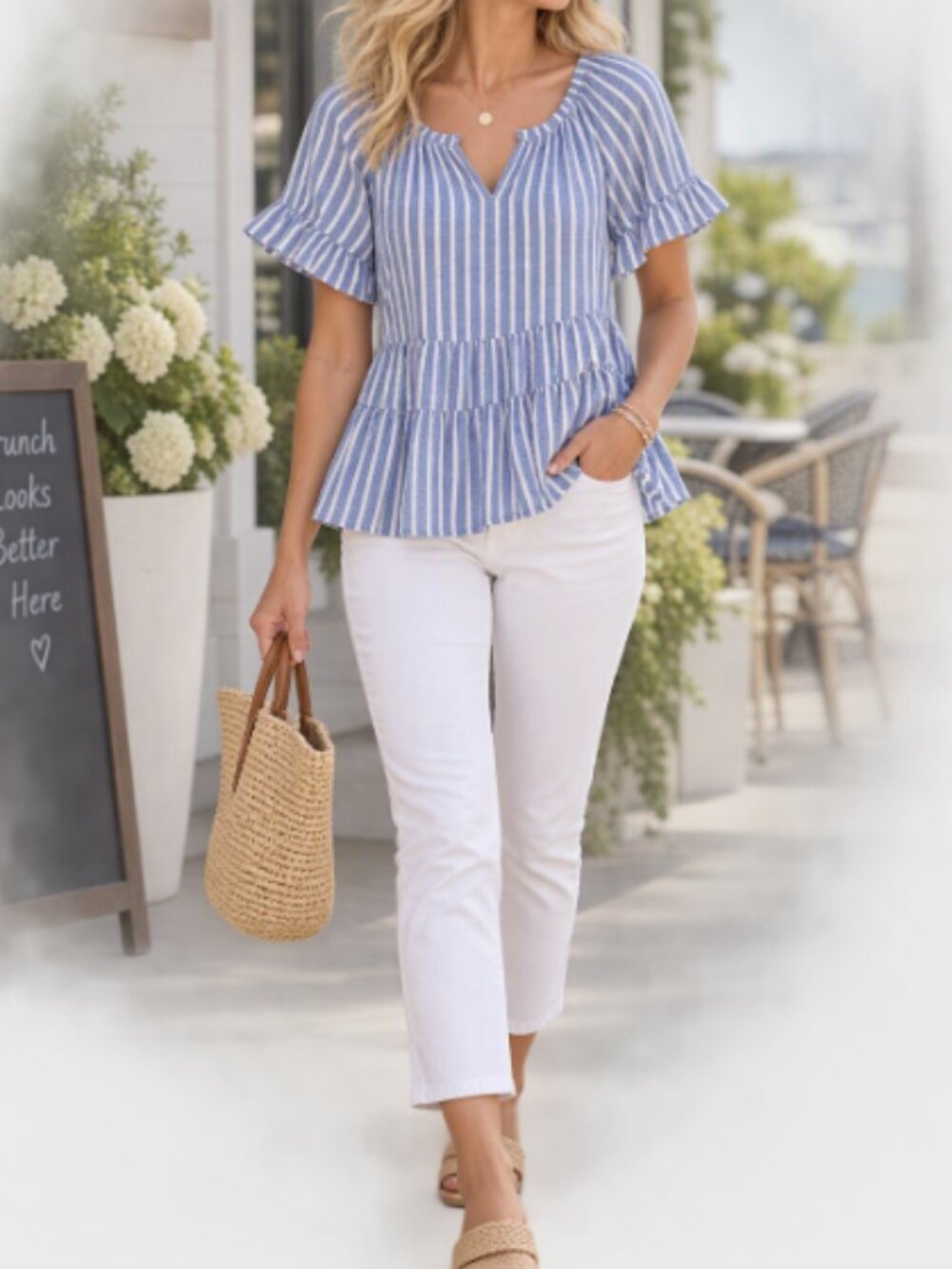 Beachlunchlounge "Akia" Women's Blue and White Striped Tiered Peplum Top